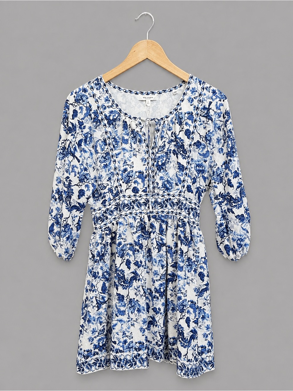 Max Studio London Blue White Floral Tie Neck Dress XS NWT - Picture 2 of 6